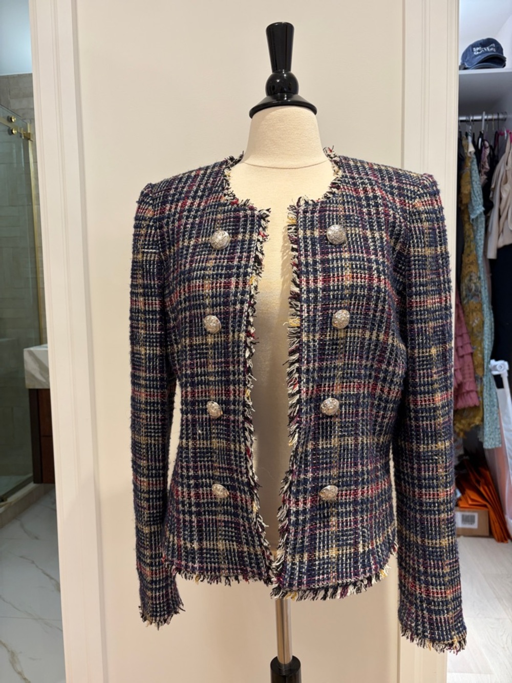 Veronica Beard Navy Multicolor Tweed Fringe Double-Breasted Blazer